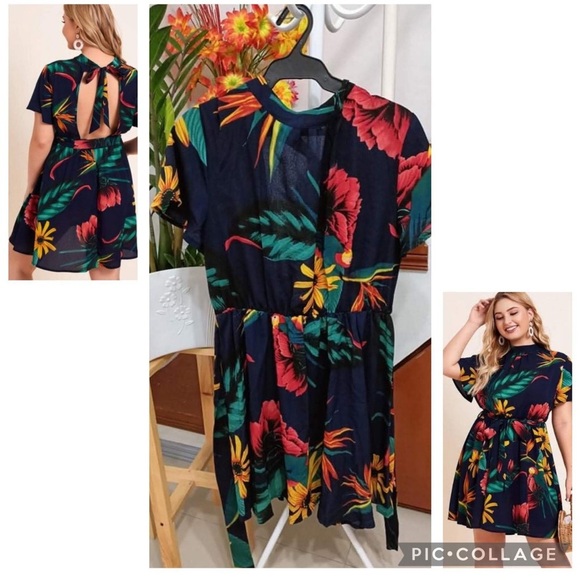 SHEIN Dresses & Skirts - Plus Tie Blackless Floral & Bird Print Belted dress